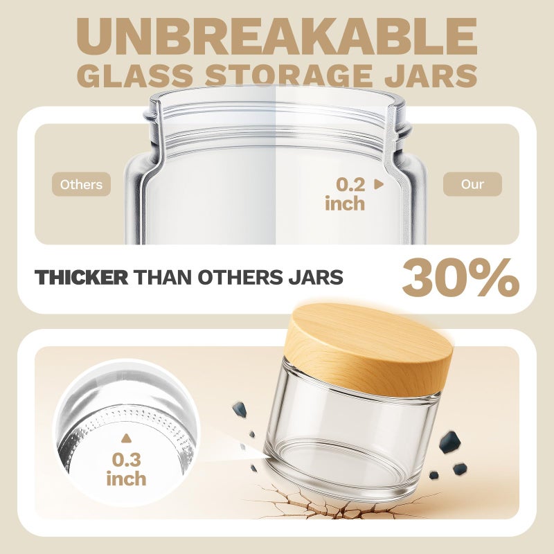 Bumobum 2 oz Small Glass Jars with Plastic Woodgrain Lids, 24 Pack Clear Glass Cosmetic Jars with Inner Liners, 60ml Refillable Empty Sample Containers for Cream, Salve, Powders and Lotion Storage - Image 2